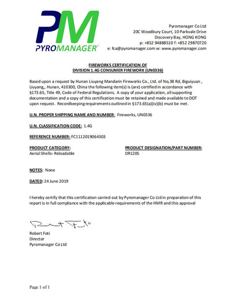 La Cina Liuyang Mandarin Fireworks Co., Ltd. Certificazioni