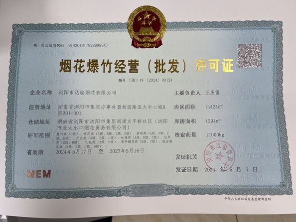 La Cina Liuyang Mandarin Fireworks Co., Ltd. Certificazioni